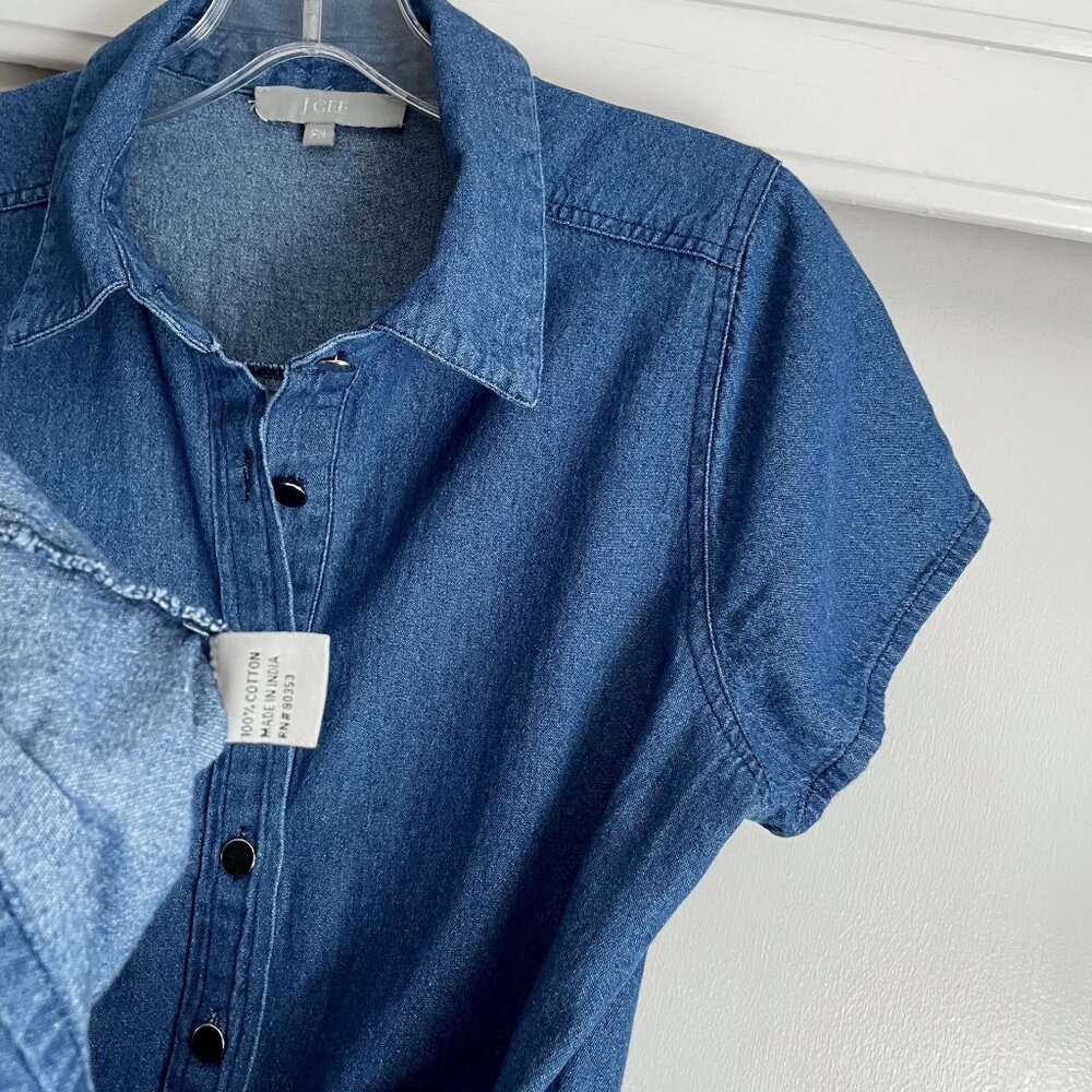 J GEE Denim Blue Jean Shirt Dress Size MP Short Sleeve Button Belted Pockets VTG - Picture 2 of 10